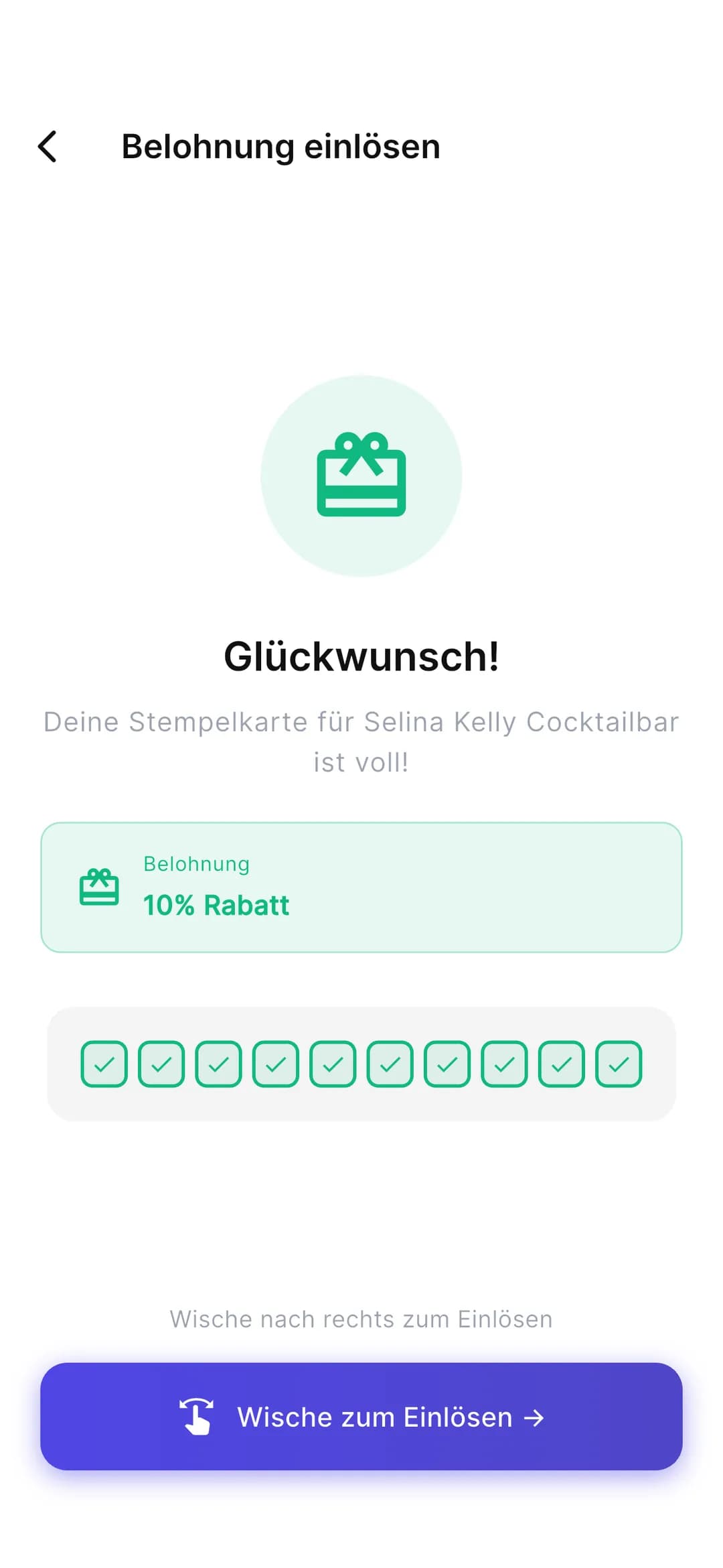 Stempely-App: volle Stempelkarte mit Button „Einlösen“