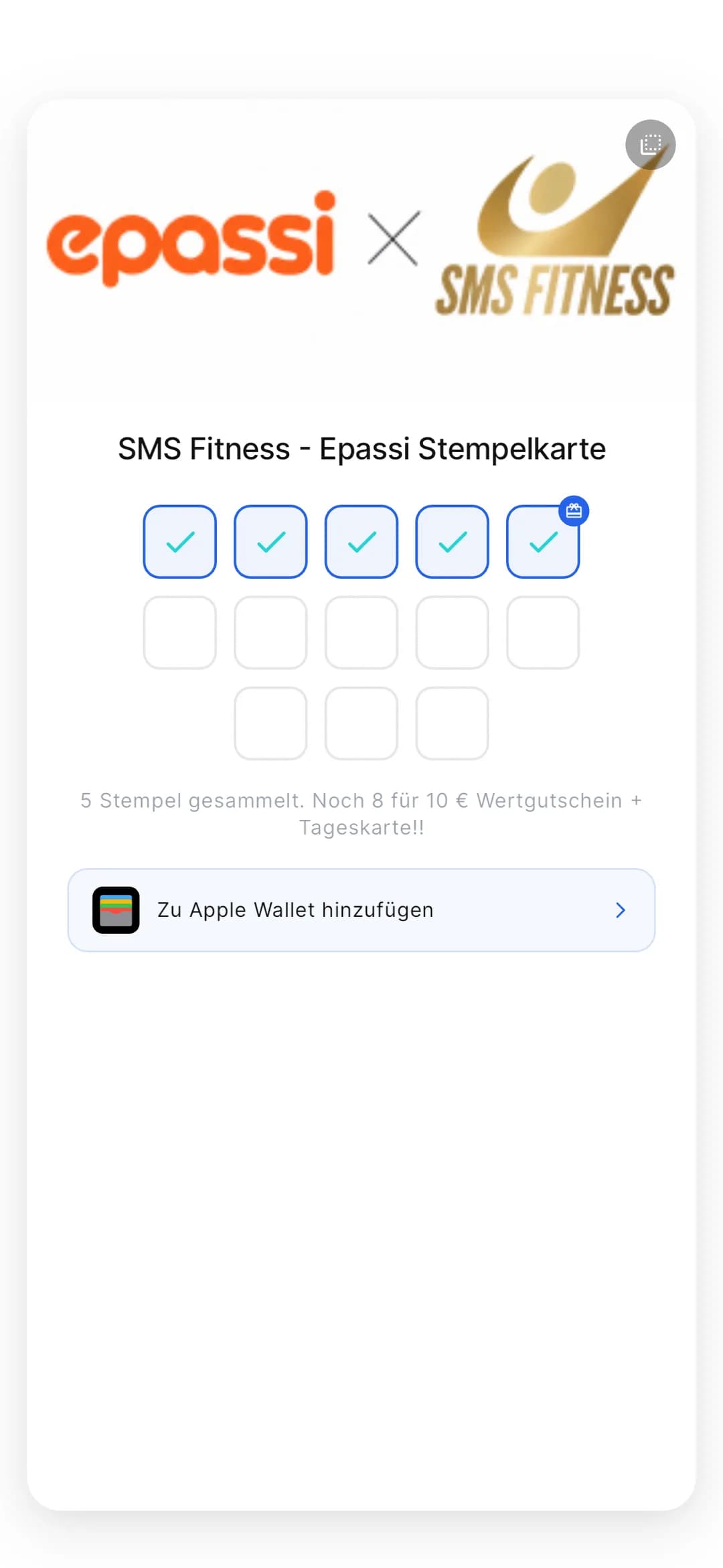 Stempely-App: Stempelkarte mit Zwischenbelohnung bei Stempel 5